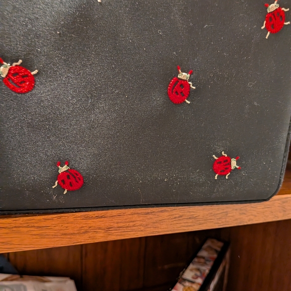 Hand Embroidery Ladybugs Black Canvas Real Bamboo Handle - Picture 3 of 5